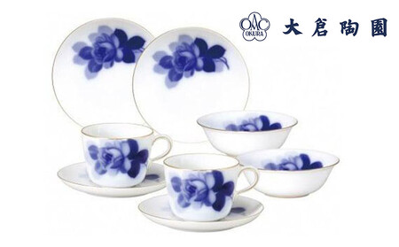 モーニング碗皿＆プレート＆ポリッジボールペアセット（ブルーローズ）〈大倉陶園〉 ABA0005