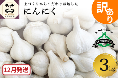 【先行受付】にんにく　3kg （1kg×3） 訳あり 【12月発送】青森県五所川原市 ガーリック ホワイト6片種