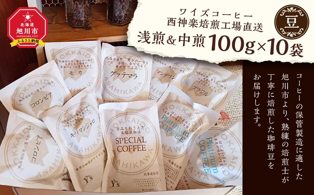 
【豆】浅煎＆中煎　100ｇ×10袋　北海道旭川焙煎　ワイズコーヒー西神楽焙煎工場直送_02945
