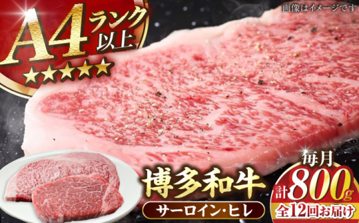 【全12回定期便】【A4〜A5ランク】博多和牛 ヒレステーキ150g×2枚 サーロインステーキ250g×2枚 計800g 《豊前市》【株式会社木村食品】 ヒレ肉 フィレ サーロイン [VDZ063]