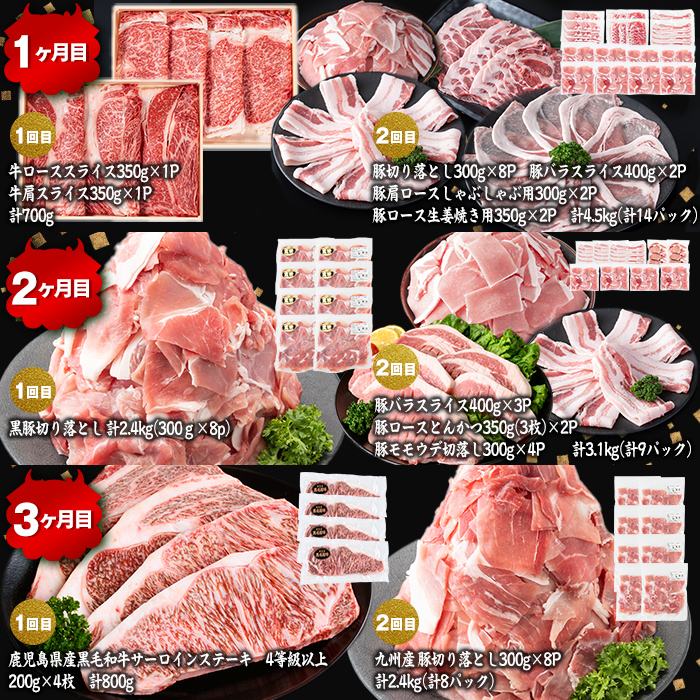 【定期便11ヶ月】ししまる定期便S(11ヶ月連続 月1～2回お届け！・計44.06kg) 黒毛和牛 黒豚 国産牛 九州産 豚 豚肉 肉 牛肉 国産 4等級 小分け 真空包装 冷凍 t0372-001