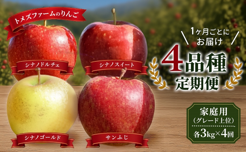 
                  【先行予約／8月下旬まで】りんご（家庭用グレード上位） 4品種定期便　各約3kg×4回 9月～12月　旬りんご発送　トメズファーム　りんご　長野　信州　小諸　果物　フルーツ[№5915-1842]
                