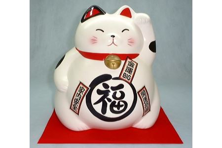 ジャンボ貯金箱　丸福猫　敷布付　白色　②