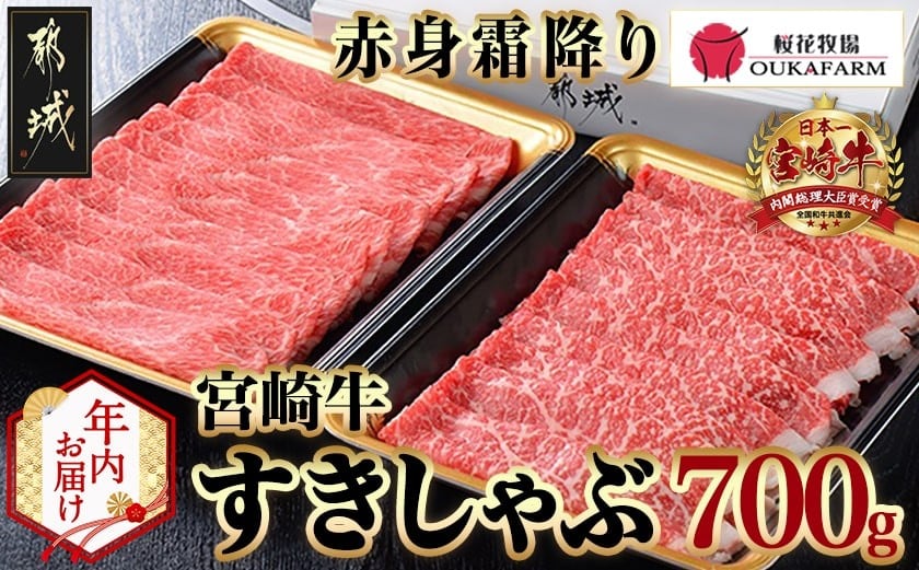 
            【年内お届け】宮崎牛【赤身霜降り】すきしゃぶ700g≪2025年12月15日～31日お届け≫_17-6507-HNY_(都城市) 牛肉 ブランド牛 牛うで 牛もも スライス 700g 350g×2 すき焼き しゃぶしゃぶ 赤身 霜降り 牛肉 肉
          