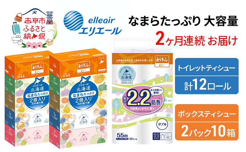 定期便 2ヵ月連続お届け エリエール [アソートJ] なまらたっぷり 大容量 トイレットペーパー ティッシュ トイレ ボックスティッシュ 防災 常備品 備蓄品 消耗品 日用品 生活必需品 送料無料 赤平市