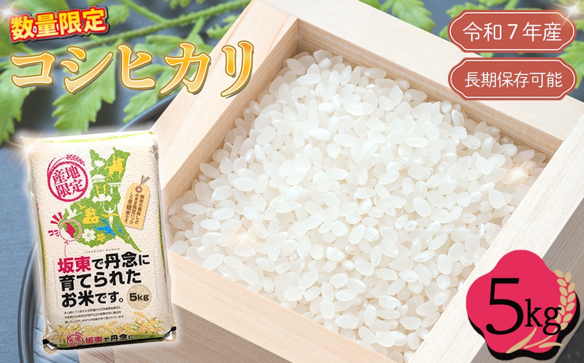 
                  「令和7年産米」コシヒカリ　5kg【長期保存可能！】 ／ 令和7年 新米 米 お米 こめ コメ 精米 白米 ご飯 国産米 5kg 5キロ コシヒカリ こしひかり 甘み 粘り 香り ツヤ 真空 真空パック 長期保存 備蓄 買い置き 年中新米 おすすめ 人気 おいしい お取り寄せ 産地直送 産直 坂東市産 茨城県産 茨城産 茨城県 特産品 No.763
                