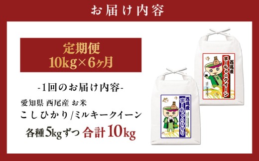 【定期便】西尾産お米10kg(こしひかり5kg、ミルキークイーン5kg)×6ヵ月・K348-1680