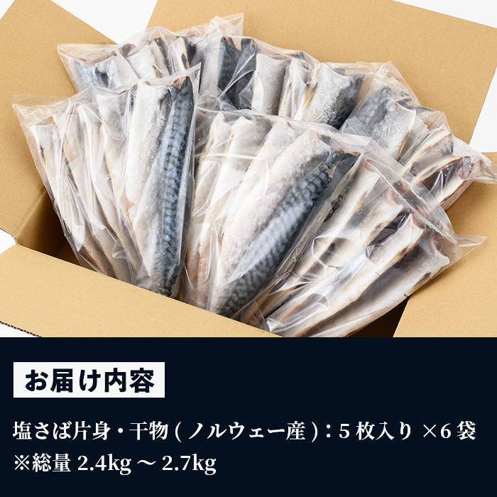ノルウェー産塩さば片身・干物(30枚・総量2.4kg～2.7kg) サバ さば 片身 干物 魚 魚介類 さかな プレゼント 贈答 ギフト【小野食品】【A-2044H】