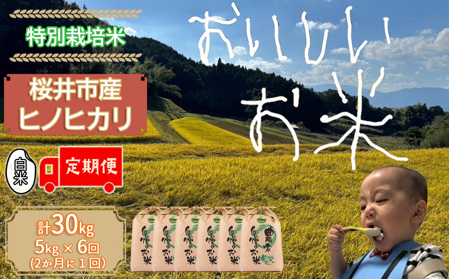 
            JCD-5.【お米の定期便】＜特別栽培米＞桜井市高家産 ヒノヒカリ（白米）5kg×6回（隔月）
          