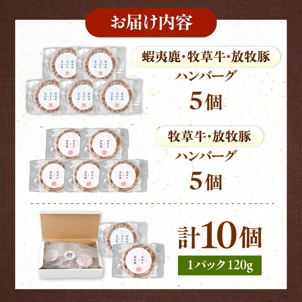 ハンバーグ 2種食べ比べ 10個セット 蝦夷鹿/牧草牛/放牧豚 ジビエ 卵不使用 合い挽き 冷凍 小分け 北海道 食べくらべ [AXBP009]