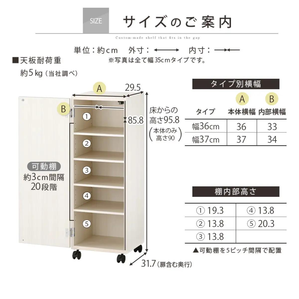 【国産家具】オーダーすき間ラック〔幅37cm・キャスター・扉付き・ロータイプ〕（ホワイト）すき間ラック 収納棚 約 奥行32 高さ96 扉付き キャスター付き スリム 薄型 木製 扉付 5段 ABE4