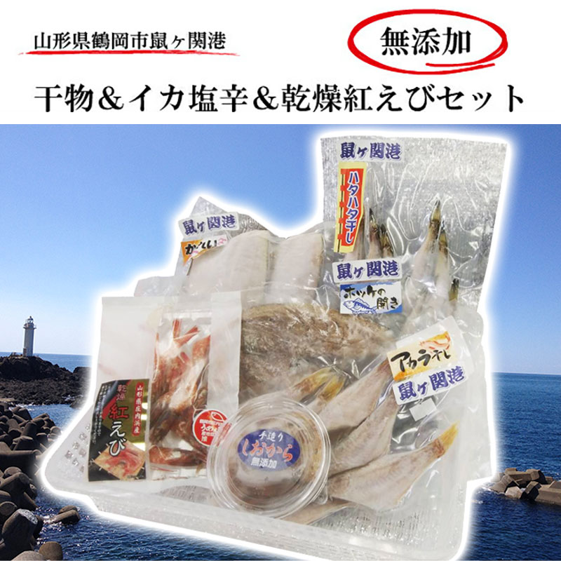 【ふるさと納税】【特別セット】浜のかあちゃんの店 鼠ヶ関港水揚干物+イカ塩辛+乾燥紅えびセット | 納税 山形 山形県 山形県鶴岡市 鶴岡市 鶴岡 特産品 魚介 魚介類 返礼品 ホッケ ほっけ ハタハタ いか イカ カレイ 干物 海の幸 加工品 ひもの