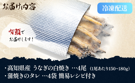 高知県産 うなぎの白焼き 4尾 合計600g以上 yw-0059