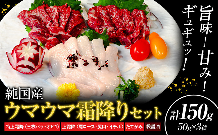 
            馬刺し 純国産 ウマウマ 霜降り セット 専用袋醤油付き 50g × 3種 計150g 有限会社九州食肉産業《30日以内に出荷予定(土日祝除く)》 熊本県 産山村 純国産 国産 赤身 熊本肥育 生食用 馬刺 馬肉 詰め合わせ 贈答用 ギフト お中元 お歳暮
          