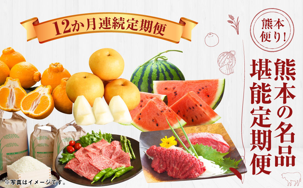 
            【12か月連続定期便】熊本便り！熊本の名品堪能定期便 ｜  馬刺し 馬肉 フルーツ 果物 くだもの デコポン みかん メロン 柿 梨 すいか そうめん あか牛 米 お米 特産品 お取り寄せ
          