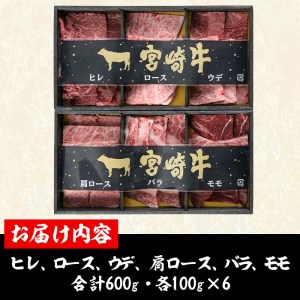 ＜宮崎牛・3D冷凍＞6部位食べ比べ焼肉(合計600g)牛肉  国産 冷凍【R-27】【株式会社ミヤチク】