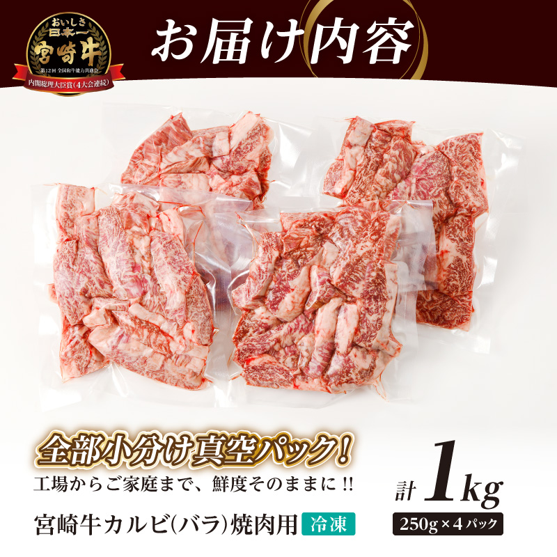 全部小分け真空パック!!「宮崎牛カルビ(バラ)焼肉用」計1kg_T041-007【都農町新着 肉 牛 牛肉 おかず 国産 人気 ギフト 食品 お肉 焼き肉 BBQ お土産 贈り物 送料無料 プレゼント