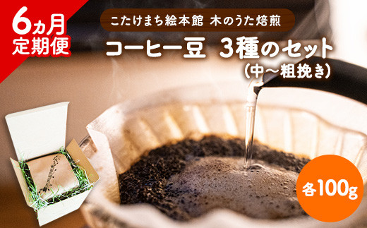 【6ヶ月定期便】コーヒー豆3種のセット 各100g(中～粗挽き) 計300g 旬のおすすめ豆 エチオピア・モカ オリジナルブレンド こたけまち絵本館木のうた《お申込み月の翌月から出荷開始》