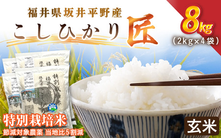 令和7年産 特別栽培米 コシヒカリ匠 8kg（2kg×4袋） 節減対象農薬当地比5割減【玄米】お米 コシヒカリ [C-2930_02]