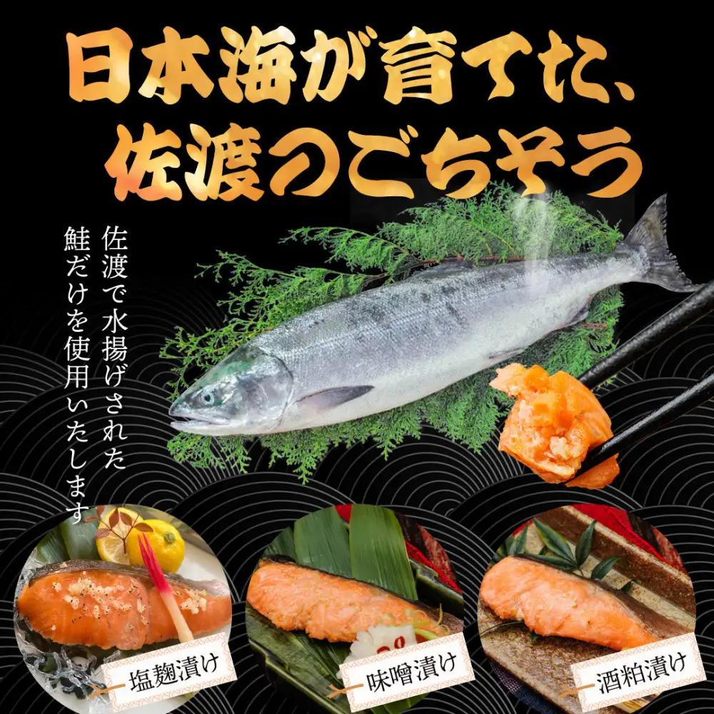 鮭〈先行予約2026年2月発送・佐渡水揚げ限定〉【新潟県佐渡】日本海の宝・佐渡から届く、極上の海の幸　漬魚　佐渡産の鮭と佐渡の伝統的な3種の味付け　焼き上げ加工済み　湯せん・レンチンでお手軽　食卓で本