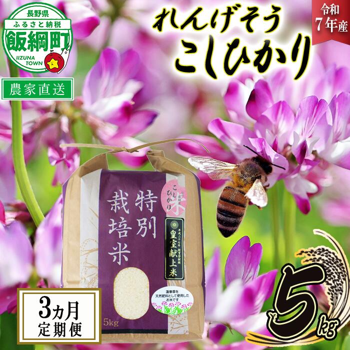 【ふるさと納税】 米 れんげそう こしひかり 5kg × 3回 【 3か月 定期便 】 ( 令和7年産 ) 特別栽培米 仲俣農園 長野県 飯綱町 〔 コシヒカリ 白米 精米 お米 信州 79500円 予約 農家直送 〕発送時期：2025年10月上旬〜 [お届け3回 (**)]