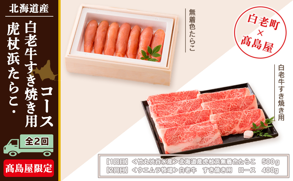 虎杖浜たらこ・白老牛すき焼き用コース（全２回）［高島屋選定品］【定期便・頒布会特集】 