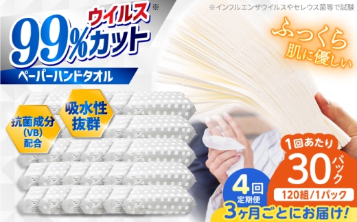 【4回定期便(3ヵ月に1回お届け)】抗ウイルス 抗菌成分 (VB) 配合 ふっくら柔らか ペーパーハンドタオル エンボス仕上げ 30パック (1パック:120組(240枚)入り) / 抗菌シート 抗菌  ウイルス対策 衛生 ハンドタオル ペーパータオル タオル ソフトパック 持ち運び 柔らかい 国産スピード発送 スピード配送 すぐ届く 最速 高知県 高知市【河野製紙株式会社】[ATAJ017]