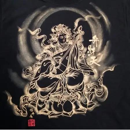 手描きTシャツ 仏画 弁財天 黒 (半袖 Lサイズ)【1615642】