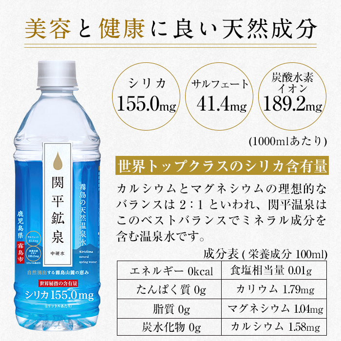 A-031 関平鉱泉水（ペットボトル）500ml×24本！美容と健康のミネラル成分シリカが豊富なミネラルウォーター【関平鉱泉所】霧島市 シリカ水