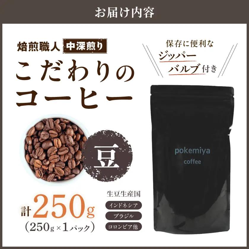 焙煎職人こだわりのコーヒー【豆】250g 小分けパック(ジッパー・バルブ付) ※中深煎り※ポスト投函≪みやこんじょ特急便≫〔LA-3303-Q〕 _(都城市) 保存に便利 珈琲