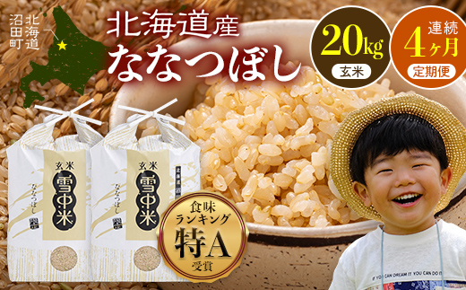 令和8年産【定期便4ヶ月】ななつぼし 玄米 20kg（10kg×2袋） 【4月発送】開始 雪冷気 籾貯蔵 雪中米 北海道 nr-3319