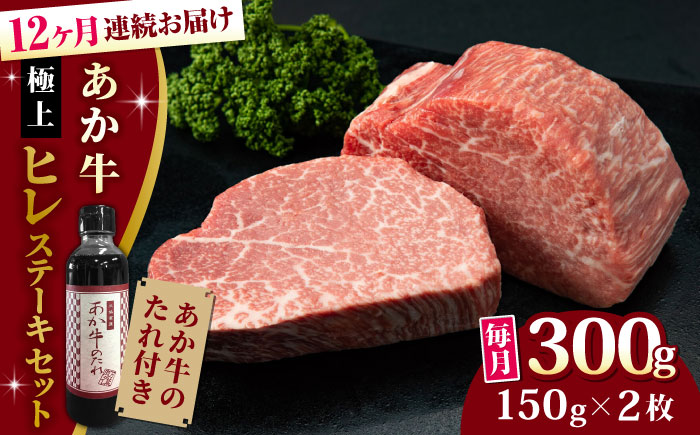 【全12回定期便】【希少部位】熊本県産 あか牛 極上 ヒレステーキセット 計300g ( 150g × 2枚 ) 冷凍 専用タレ付き あか牛のたれ付き 熊本和牛 ヒレステーキ ひれ ヒレ ステーキ【有限会社 三協畜産】[YCG092]