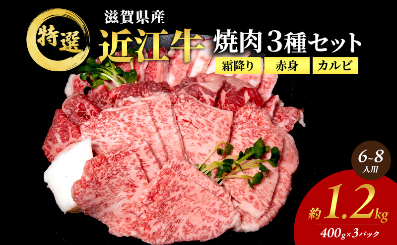 近江牛 特選 焼肉 3種盛り 約1.2kg(6～8人用)　国産　牛肉　牝牛　ブランド牛　3パック　滋賀県　豊郷町　BBQ　バーベキュー