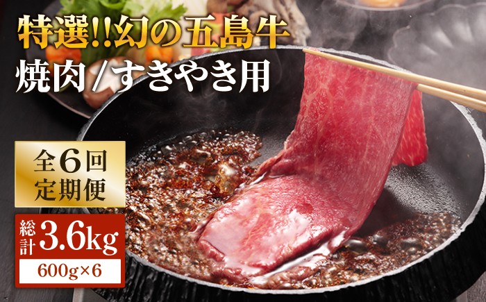 
                  【6回定期便】五島牛 ロース600g（焼肉用/すき焼用） 五島市/ニク勝[PBF017] やきにく 焼肉 すきやき 牛肉 牛 にく ロース 国産 冷凍
                