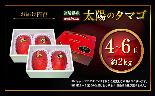 糖度15度以上『太陽のタマゴ』 約2kg 4～6玉 宮崎県産 完熟マンゴー ブランド 贈答 ギフト 南国 トロピカル フルーツ 果物 くだもの 化粧箱入り