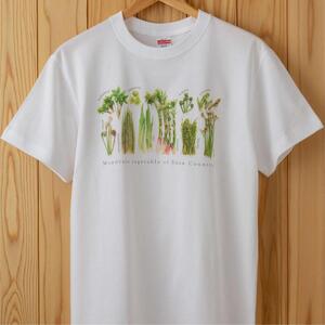 世界で唯一!着る山菜!!【山菜図鑑Tシャツ・白】綿100% 半袖 ファッション メンズ レディース 洋服 新潟  Mサイズ