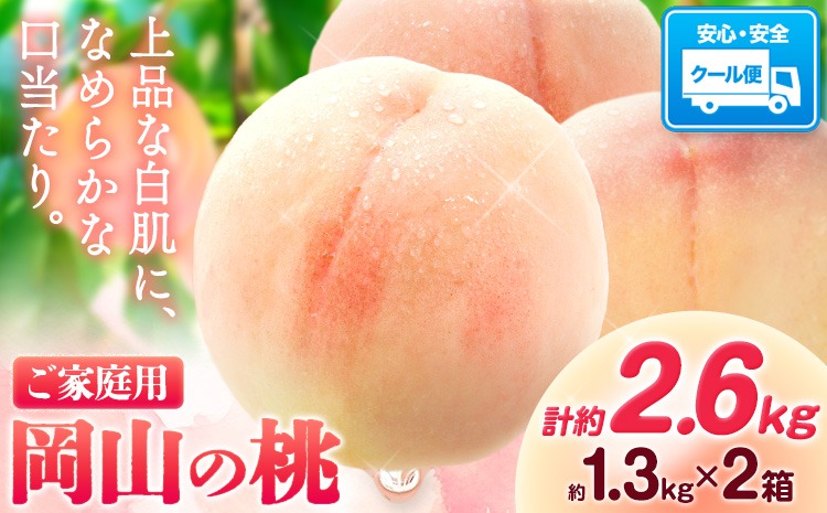 【豊作につき特別寄附額】最短翌日発送！ 桃 岡山の桃 計約2.6kg(約1.3kg×2箱)《1-5営業日出荷》 ご家庭用 訳あり 白桃 岡山県 笠岡市 モモ もも 先行予約 送料無料 清水白桃 白鳳 白麗---kasaoka_zsy_416_1313_s---