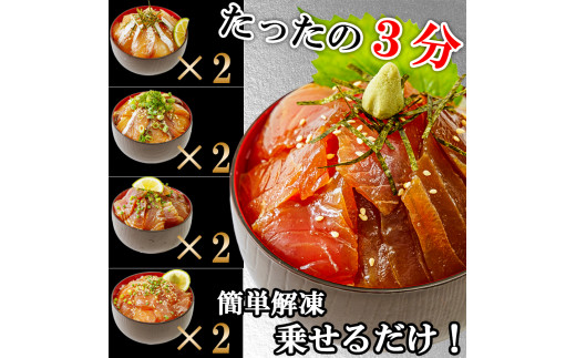 【3ヶ月 定期便】漬け丼 4種×2パック 計8食セット | 定期便 漬け丼 海鮮 惣菜 冷凍 真空パック 小分け 海鮮丼 海鮮セット 詰め合わせ 旬の鮮魚 ハマチ カンパチ カツオ 鯖 サバ ヒラマサ