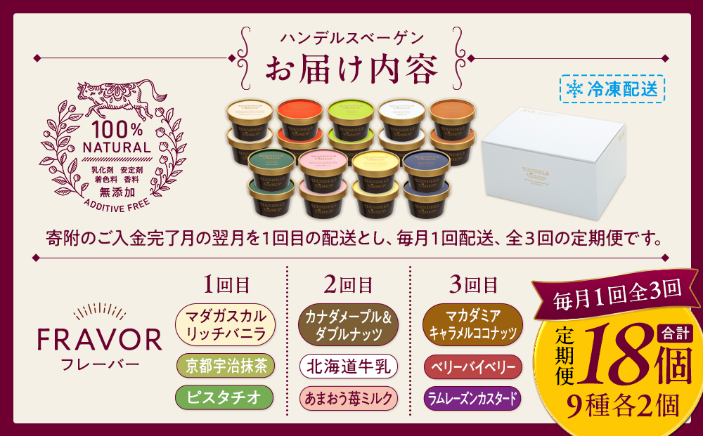 【全３回 / 定期便】ハンデルスベーゲン 無添加アイスクリーム / カップアイスクリーム6個×全3回  全18個 毎月届く バニラ 抹茶 ピスタチオ あまおう ラムレーズン