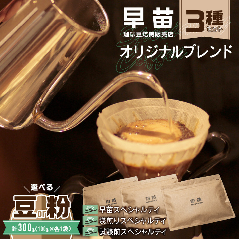 
【早苗】焙煎珈琲豆（オリジナルブレンド3種セット　各100g） スペシャルティコーヒー 珈琲 セット 3種 詰め合わせ 飲みやすい ジッパー チャック付き 100g 豆 粉 東京 新宿 0020-002-S05
