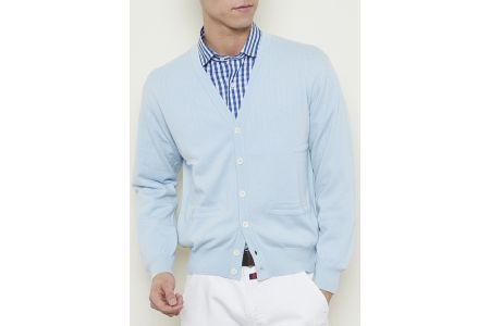 日本製 カシミヤ100% カーディガン サックス Lサイズ [2522]