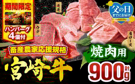 【父の日(6月15日)までにお届け予定】【期間・数量限定】畜産農家応援！宮崎牛 焼肉3種セット(肩ロース・ウデ・モモ 各300g)・国産牛ハンバーグ100g×4個_M132-093-B1-FD