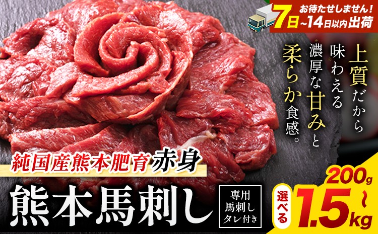 
                  馬刺し 赤身馬刺し 選べる内容量 200g 300g 400g 500g 1kg 1.5kg【純 国産 熊本 肥育】 たっぷり タレ付き 生食用 冷凍《7-14日以内に出荷予定(土日祝除く)》送料無料 国産 絶品 馬肉 肉 ギフト
                