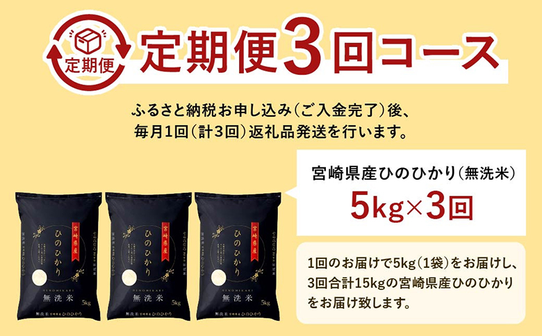 【3か月定期便】無洗米 ＜チャック付＞ 新米 国産 令和8年産 ヒノヒカリ 5kg×3回 宮崎県産 お米 白米 おすすめ 簡単 ご飯 弁当 精米 おにぎり