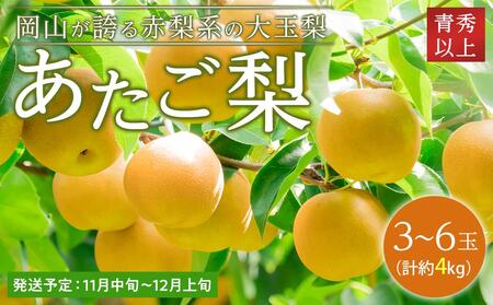 梨 2026年  あたご梨 青秀クラス以上 3～6玉 約4kg  なし ナシ 岡山県産 国産 フルーツ 果物 ギフト