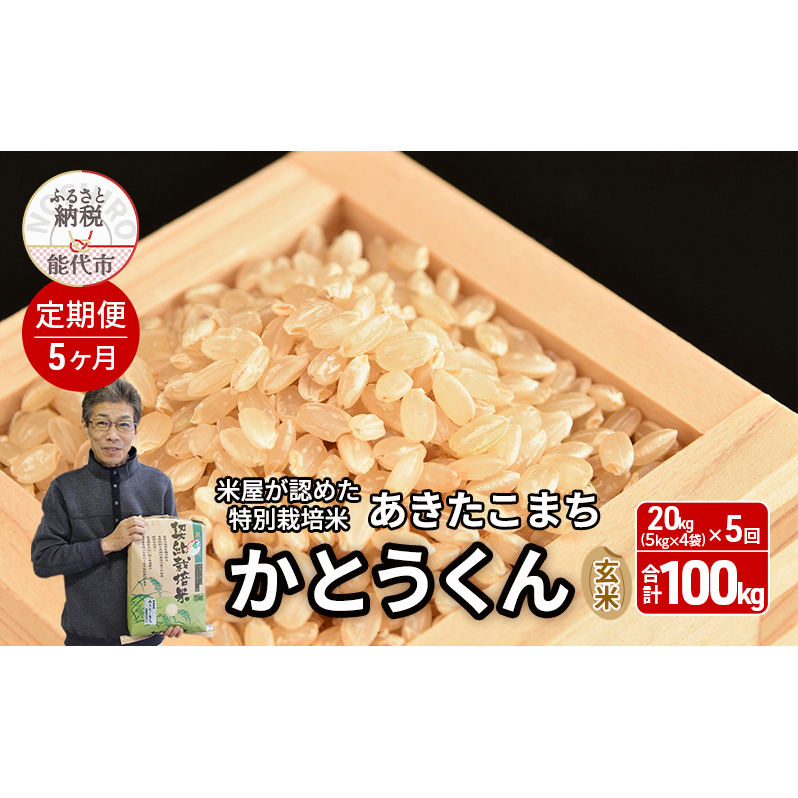 《定期便5ヶ月》 玄米 特別栽培米 秋田県産 あきたこまち 米屋が認めたお米 「かとうくん」20kg（5kg×4袋）×5回 合計100kg
