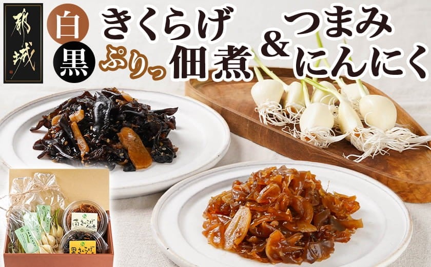 
きくらげの佃煮とつまみにんにくのセット_AA-C903_(都城市) 発芽にんにく 都城産 にんにく におい残りが少ない 白きくらげ 黒きくらげ 佃煮 冷蔵配送
