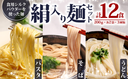 絹入り麺セット (うどん そば  パスタ) 約12食 計6袋 (各200g×2袋) シルクパウダー入り シルクの麺 シルクのうどん そば パスタ 京都 与謝野