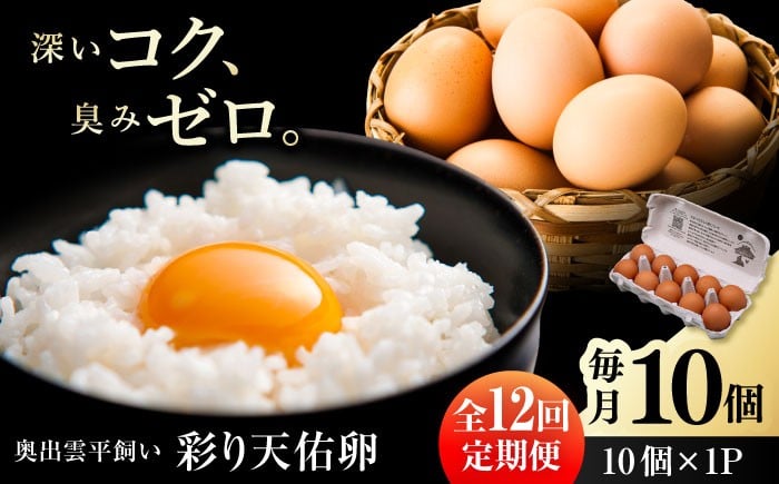 
            卵 【全12回定期便】黄身の濃厚なコクと白身の甘み！たたらの里平飼い 彩り天佑卵 10個入り（10個×1P）たまご 放牧卵 玉子 タマゴ 鶏卵 生卵 国産 平飼い 放し飼い 卵焼き 卵かけご飯 TKG 朝食 朝ごはん ご褒美 コク 旨み 贅沢 お取り寄せ 毎日食べたい卵 美容 健康 単品 定期便 人気 高評価 ランキング 島根県雲南市/株式会社たなべたたらの里（たなべ森の鶏舎） [AIDL010]
          