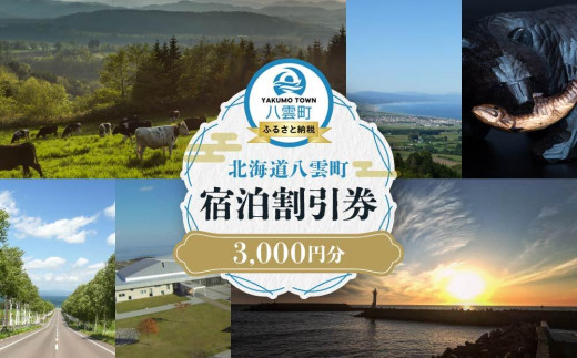 北海道八雲町　宿泊割引券3,000円分【 宿泊券 割引券 旅行 ホテル ホテルチケット 観光 宿泊 ご当地 八雲町 北海道 】